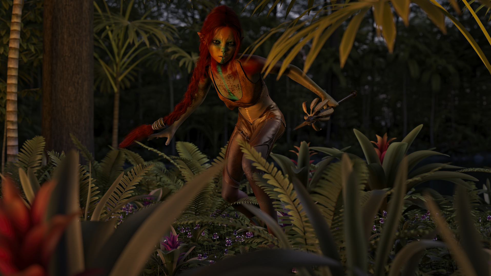 An elf hunting in a tropical forest