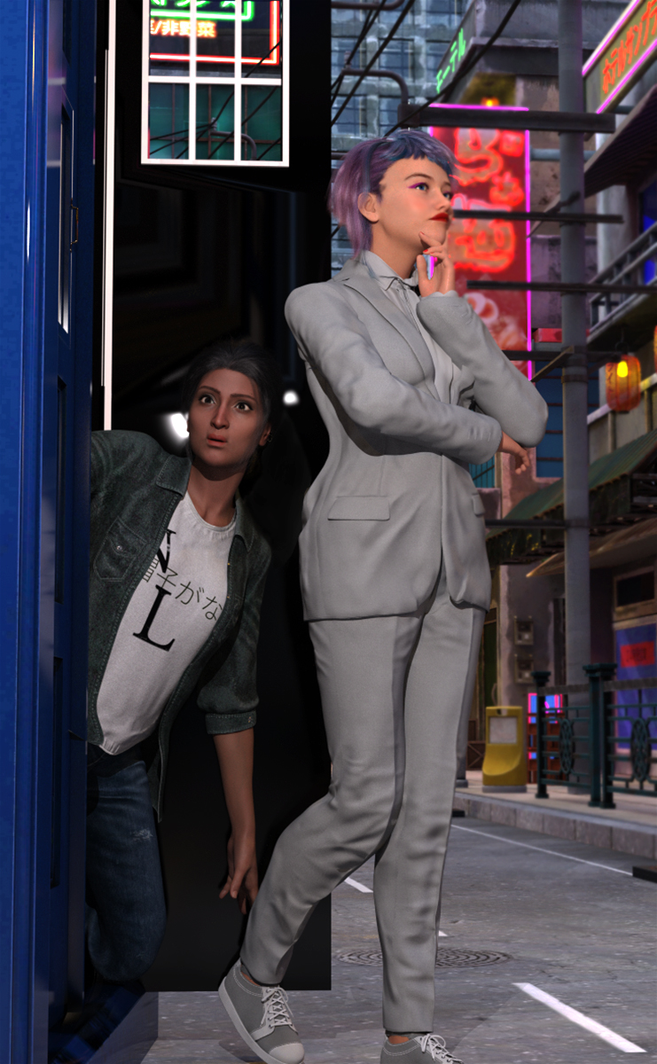 Kala's First Ride in the Blue Box - A woman in a gray suit standing and looking pensive in front of a blue police box on a city street while a second woman leans out of the police box looking in wonder