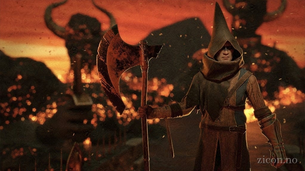 Realistic 3D rendering of a man in heavy leather armor standing on a bridge, preventing the viewer from passing. His tall leather hood covers part of his painted face. He's carrying a large, chipped axe, splattered with blood. Behind him are the huge shapes of chained and screaming horned humanoids. The sky is blood red, and there are embers and ashes in the air.