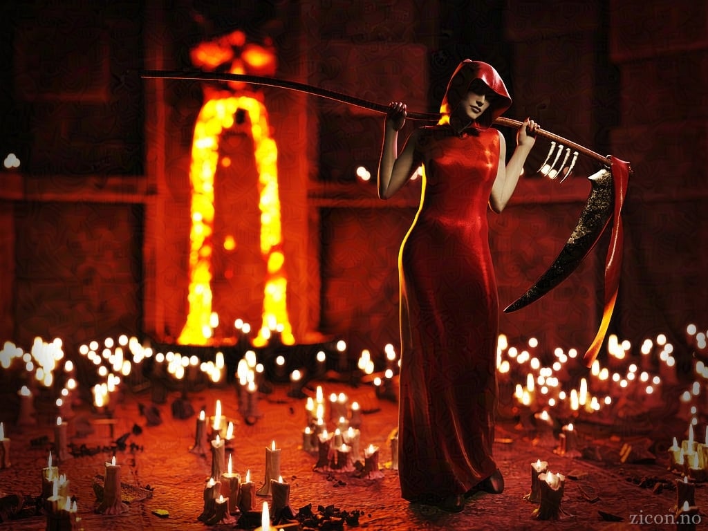 Realistic 3D rendering of a woman in a long, red, hooded dress. Her face is in shadow. She rests a scythe on her shoulders, holding it in place with hands that have an immaculate bright red manicure. She is surrounded by hundreds of burning candles. In the background, lava pours from the mouth of a devilish stone face. The scene is dominated by strong red and orange colours.