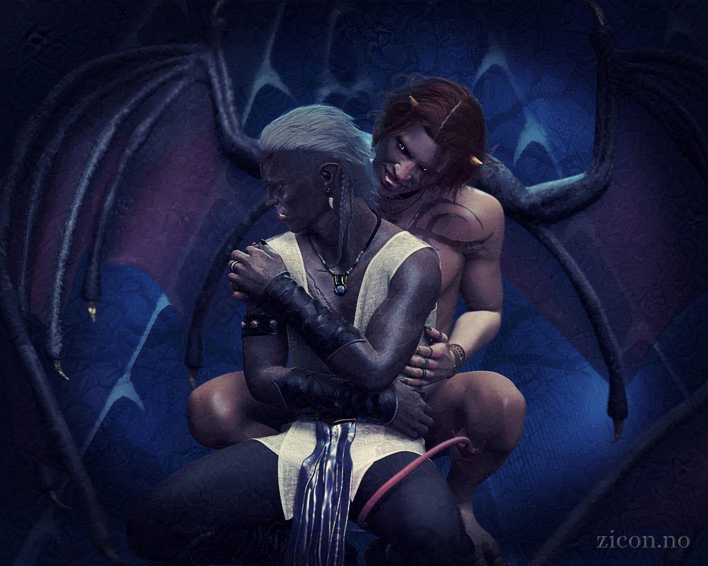 Realistic 3D rendering of two men sitting close together. The man in front is a half-orc with dark skin, small tusks jutting from his lower jaw, and multiple large scars. Pressed against his back is a human-looking demon with hooves, horns, glowing eyes, large wings, and a tail. The demon is grasping the half-orc possessively, and his tail is wrapped around the half-orc's thigh. The demon's wings are folding around them both, creating a private little space. The demon is wearing multiple rings on each finger. The half-orc is wearing a single ring, which matches one of the rings worn by the demon. The image is dark, with an intimate atmosphere.