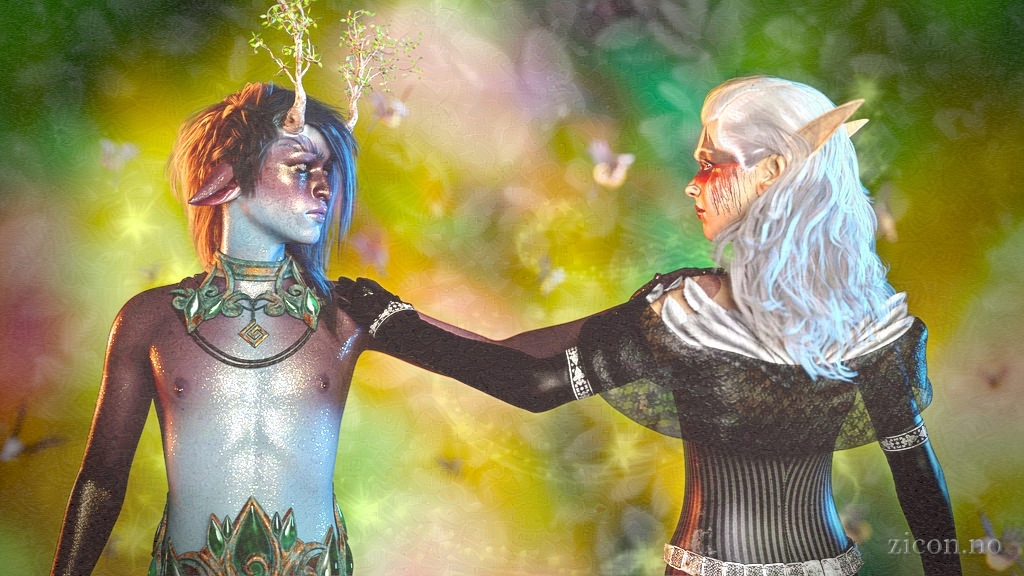 Realistic 3D image of a man and a woman. The man has blue skin and small trees growing like horns out of his forehead. The woman has white hair and is dressed in dramatic black. They look at each other and touch each other's shoulders with an outstretched arm. They are not friends, but have agreed not to be in conflict.