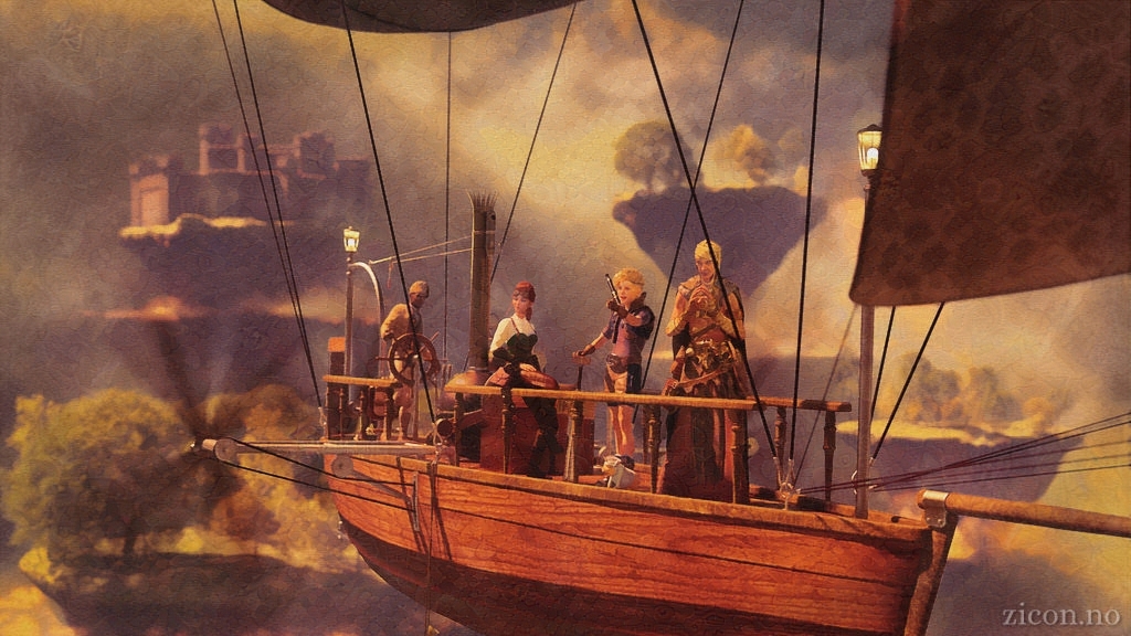 3D render with a painted look. A flying ship hangs against a backdrop of a cloudy sky dotted with floating islands. On the deck stands a party of adventurers; our heroes. It's a sunny day, and the mood is hopeful and optimistic.  The main protagonist is a handsome young white man. He is leaning on his oversized weapon, a convertible sword/hammer. He points excitedly at something in the distance.  The one woman in the group is young, white and thin. She sits on the railing, looking towards what the protagonist is pointing at. She's dressed as a steampunk tinkerer to show that she is the smart one in the group.  An older man dressed like an evil wizard stands with steepled fingers, side-eyeing the protagonist and smirking. He will obviously betray the rest of the party at some point.  A piglet in a unicorn hoodie is the party's adorable animal companion.  The lone black man in the group is in the back, steering the ship. No real detail can be seen, as he's not even in focus.