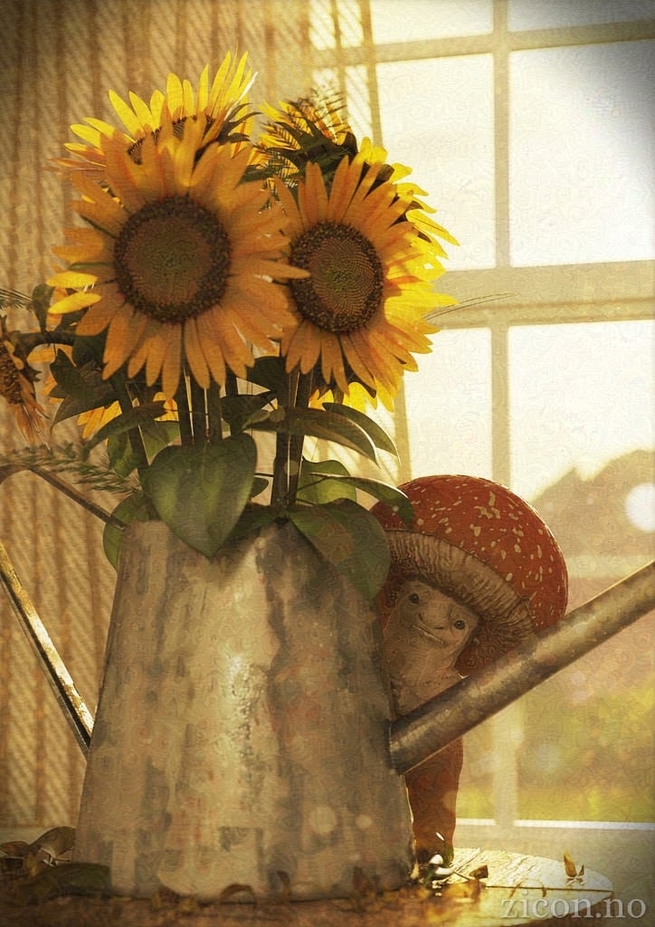 Realistic 3D render of an adorable little mushroom person peering out from behind a vase filled with sunflowers. The mood is warm and relaxed, contrasting with the nervous look on the mushroom person's face.