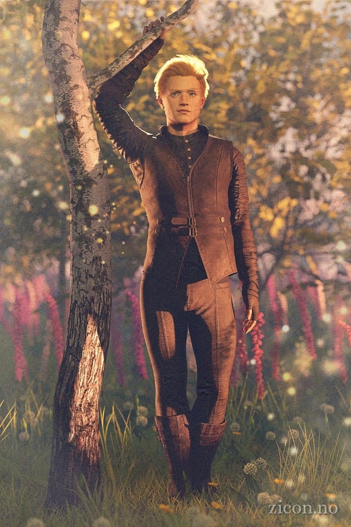 A handsome young man with blond hair and a nordic look in a forest environment. He is wearing a brown leather outfit, and has an arm up to loosely grip a branch over his head.