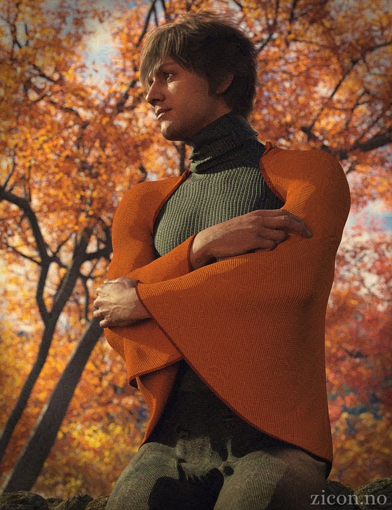 A man leaning against a stone wall in an autumnal landscape. He is wearing an orange cape over a grey turtleneck sweater.