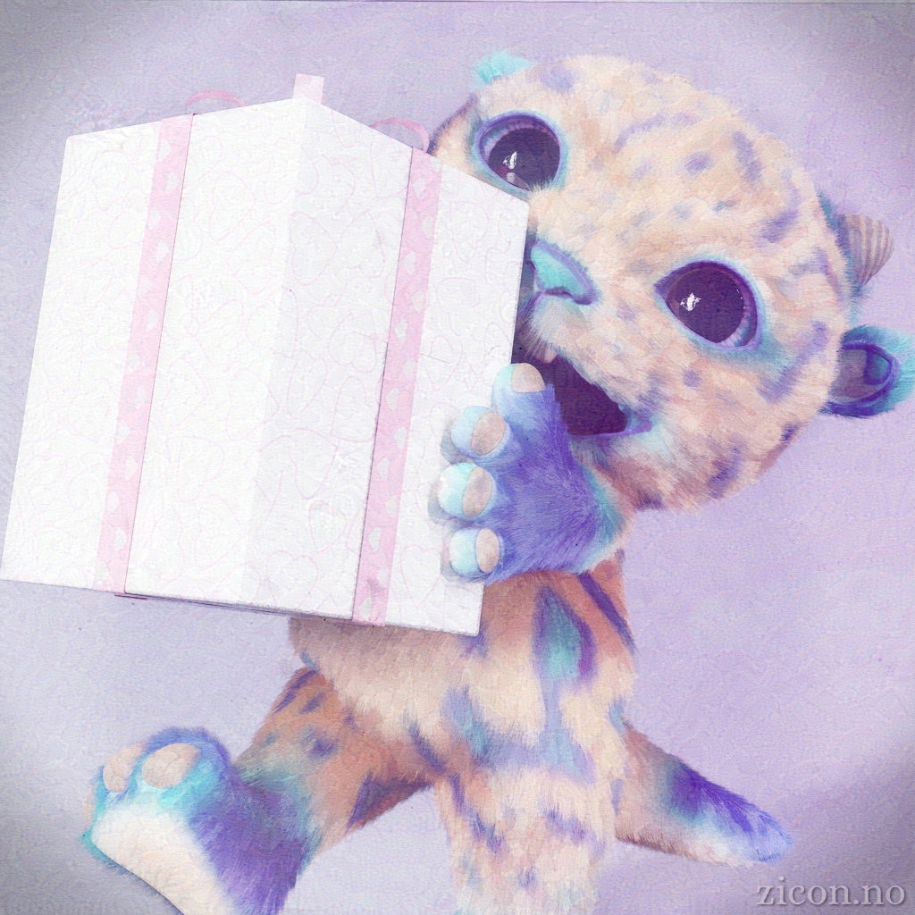 A cute fuzzy little critter carrying a gift box nearly as big as the critter itself.