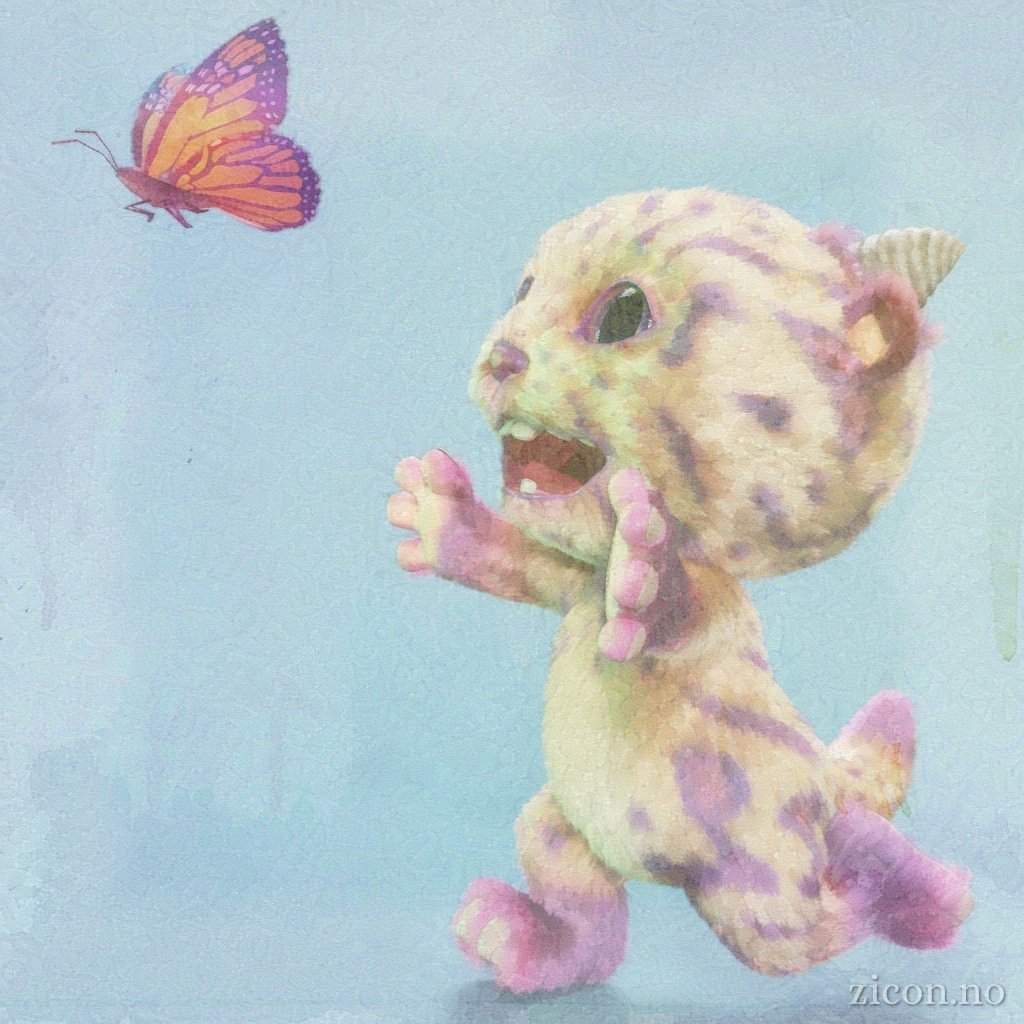 A cute yellow and pink critter chasing after a butterfly.