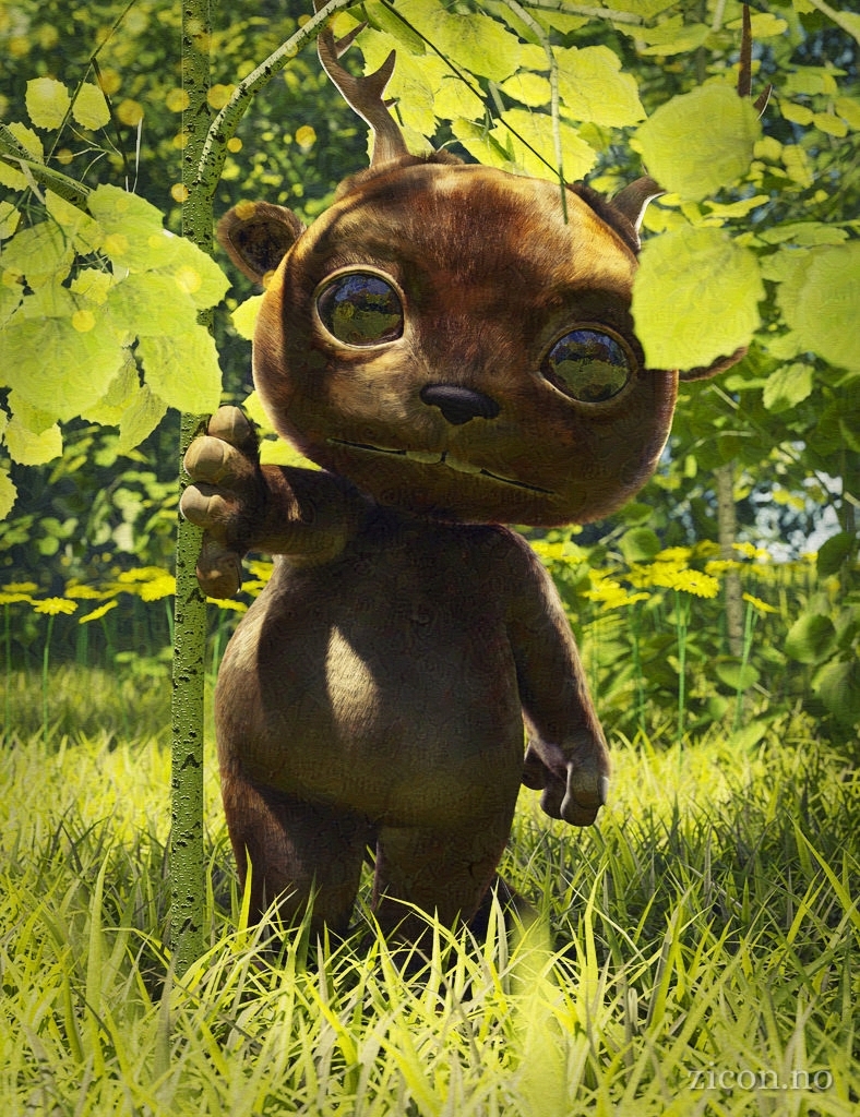 Realistic 3D render of a cute faun-like critter peeking shyly out from behind a little tree.