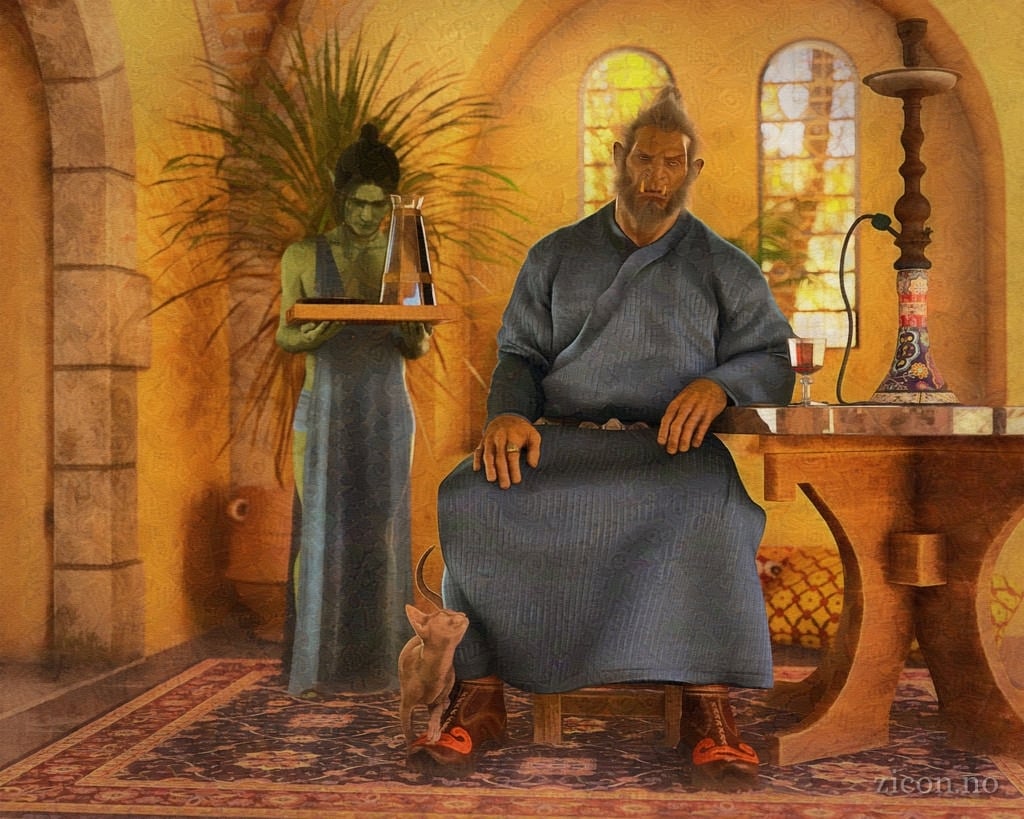 An orc sitting by a table. He is wearing a full-length dark blue robe, and has turned his chair to face the camera. A sphynx cat curls around his leg. A scantily clad servant with smooth green skin stands behind him, holding a tray.