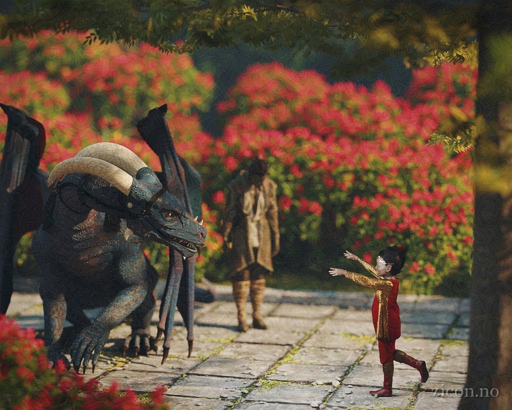 Outdoor scene on a summer afternoon. A small dark-skinned elf child in fine clothing is running excitedly towards a blue dragon fitted with riding gear. An elf man in simpler clothing stands next to the dragon, bowing respectfully towards the approaching child.