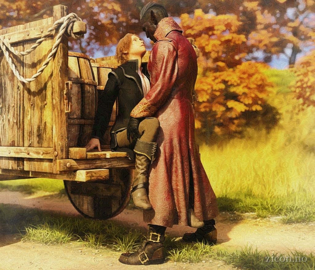 Outdoors scene of a warm autumn day. A wooden cart carrying barrels stands paused on a path through the forest. A pretty young man sits on the back of the cart, with a dark-skinned elf man standing in front of him. The two are close together, stealing a brief intimate moment on a long journey.