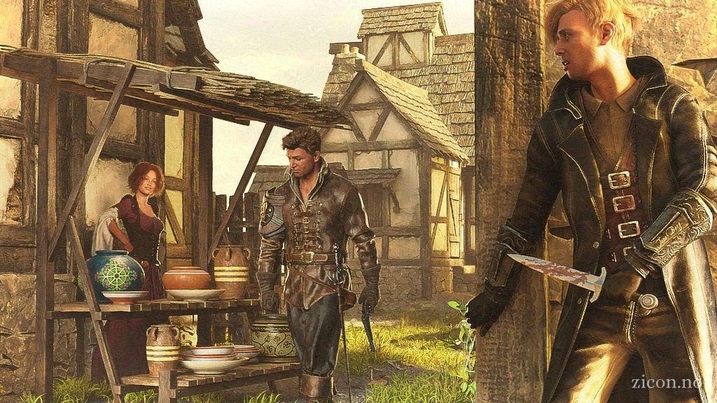 Realistic 3D image of what looks like a medieval village. A man with a gun in his hand looks around him in suspicion. Another man with a bloody knife in his hand and blood on his clothes is hiding behind a corner. He looks scared.