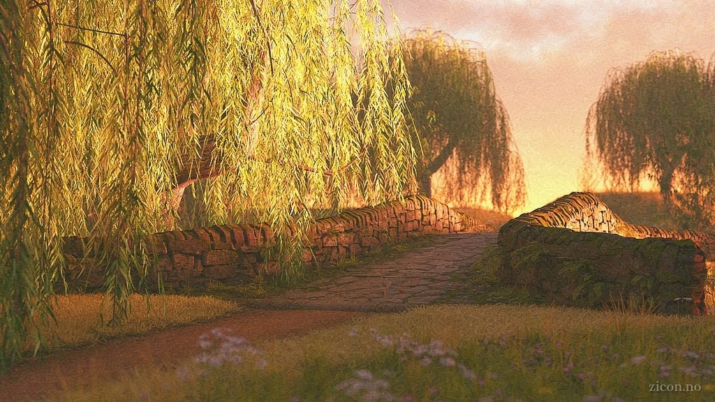 3D render of a dirt path through a golden landscape against a pink sky. The focus is a stone bridge, surrounded by willow trees.