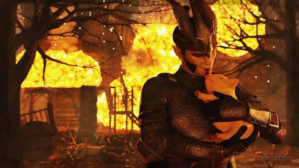 A horned man in fancy armour and dramatic makeup smiles as he hugs a chubby little piglet to his chest. Behind him several buildings are engulfed in fire. A human corpse lies on the ground, barely visible among the rubble.