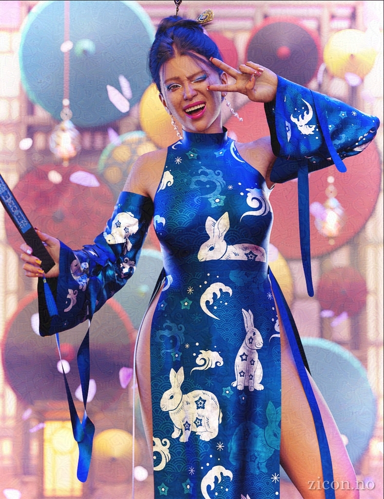 A curvy black woman wearing a blue dress with a white rabbit pattern, standing in front of a wall of colourful parasols. She has a fan in one hand, is making the peace sign with the other, and is smiling like she's having the time of her life.