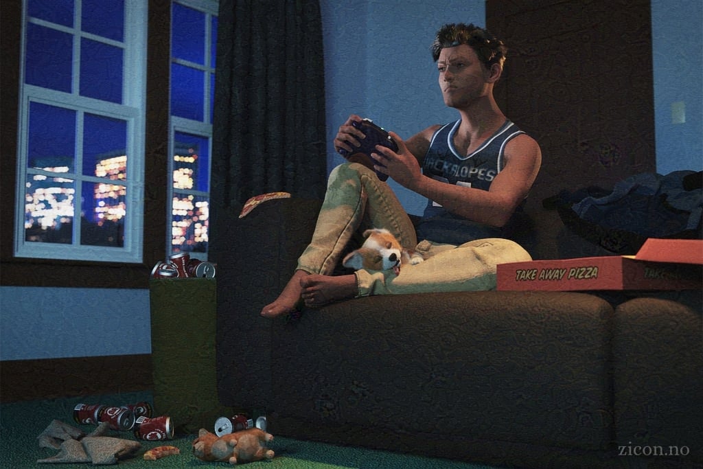 A messy room at night. There is a bin overflowing with empty drink cans. Dog toys, discarded socks, and a dropped pizza crust are on the floor around the sofa. On the sofa sits a young man with a take away pizza box next to him. He has a video game controller in his hands and is staring intently at something out of frame. An adorable little corgi is sleeping on his lap, its tongue hanging out.