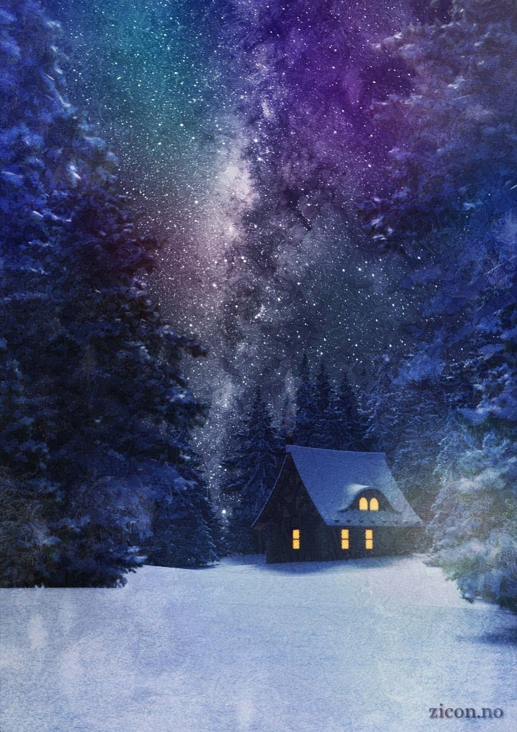 A night in a snow-covered forest. A small cottage sits between the trees, with warm light in the windows, and smoke coming out of the chimney. Above is a clear night sky, full of bright stars, and the Milky Way painting a trail down the center.