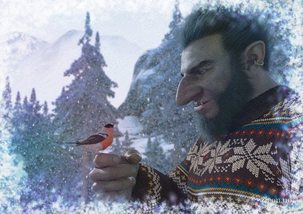 Realistic 3D render of a snowy forested landscape. A big-nosed troll wearing a knitted sweater in a traditional pattern is smiling down at the curious bullfinch perching on his finger.