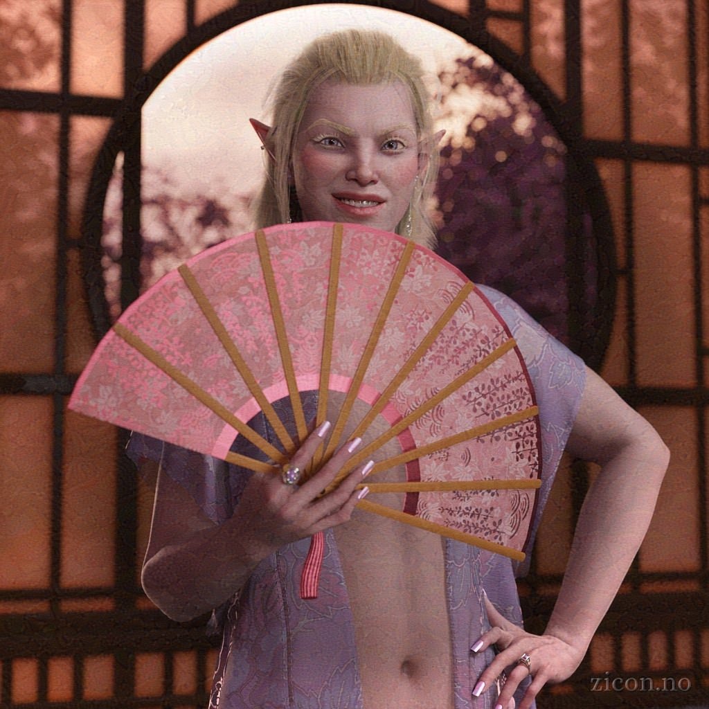 An albino elf wearing nothing but a loose, translucent robe stands in front of a paper screen. The screen has a circular window in it, through which we can see pink trees in the sunset outside. The elf is holding up a large fan in front of their chest, adding to their androgynous look. The elf's expression is part flirty, part smirk, indicating that whoever the elf is looking at is in for a hell of a night.