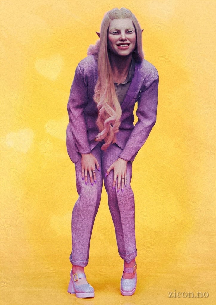 An albino elf with long hair wearing a purple suit and platform shoes with high heels. They are leaning forwards, hands on their knees, and giving the camera a big grin.