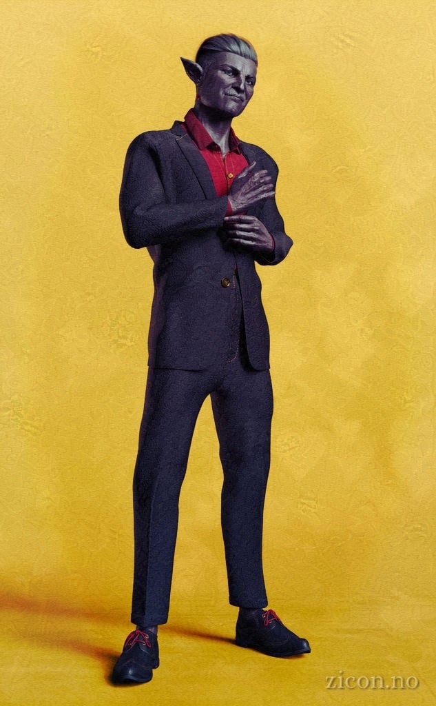 A dark-skinned elf man in a black suit stands in a confident stance, smirking at the camera.