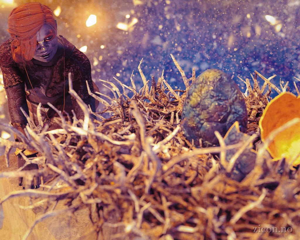 A large nest with blue, textured eggs lies on top of a ledge in a crystal cave. A dark-skinned dwarf woman with red hair and glowing runes on her face is climbing on to the ledge, smiling as she spots the single unhatched egg.