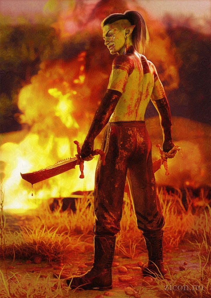 A slim, muscular man with green skin and pointed ears stand before a large fire. He and his sharply-angled swords are splattered with blood and dirt, and there is a bloody puddle on the ground around him. A drop falls from his sword as he looks over his shoulder, giving the viewer a wicked smile that promises more violence.