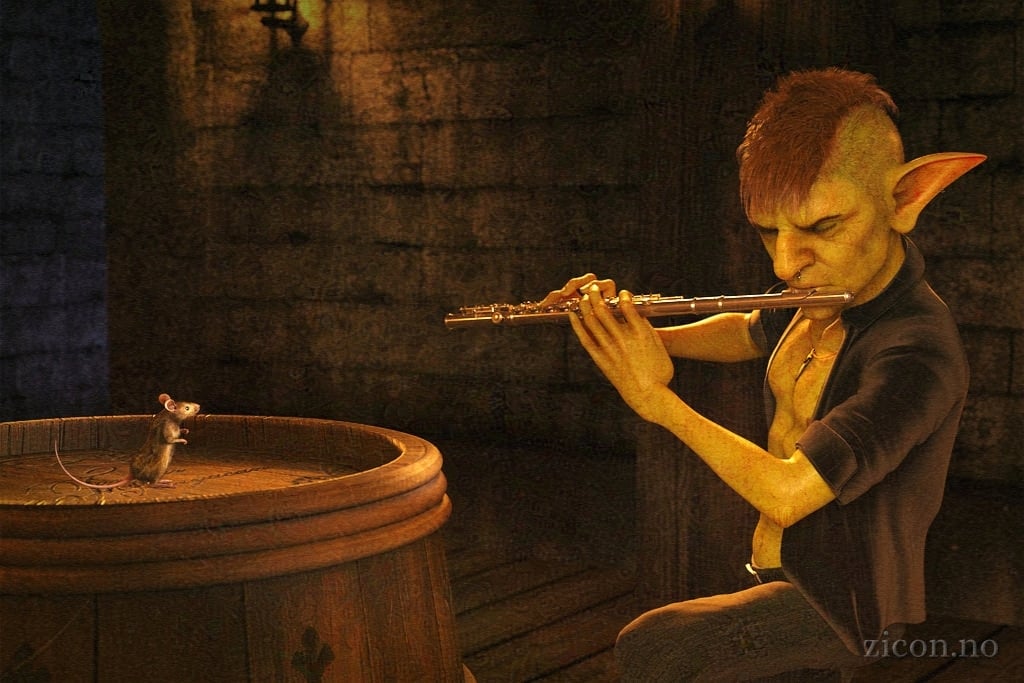 A skinny goblin wearing jeans and an open shirt plays the flute for a fascinated mouse.