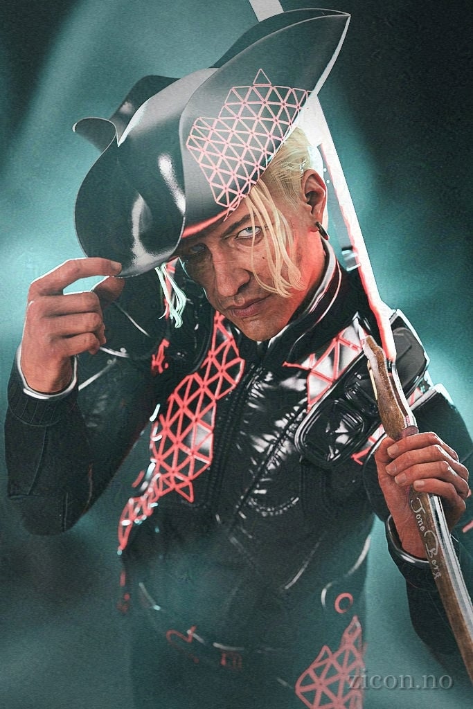 Realistic portrait render of a man with multiple scars and one milky eye looking up at the camera. He's wearing a black space pirate outfit with glowing red details, and has a thick gold ring in his ear. He has a glowing sword slung casually over his shoulder, and he tips his hat as if in greeting.