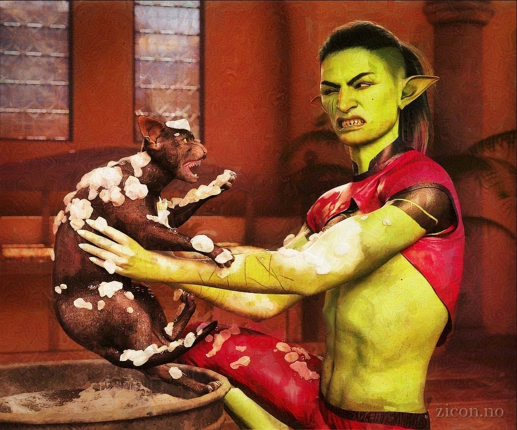 Scene with green-skinned goblin trying to bathe a cat. He's currently holding the wet, foamy and spitting mad cat at arms length. He's splattered with both water and foam, and has a number of scratches on his arms as well as two prominent scratches down his cheek. His expression indicates he is enjoying this just as much as the cat.