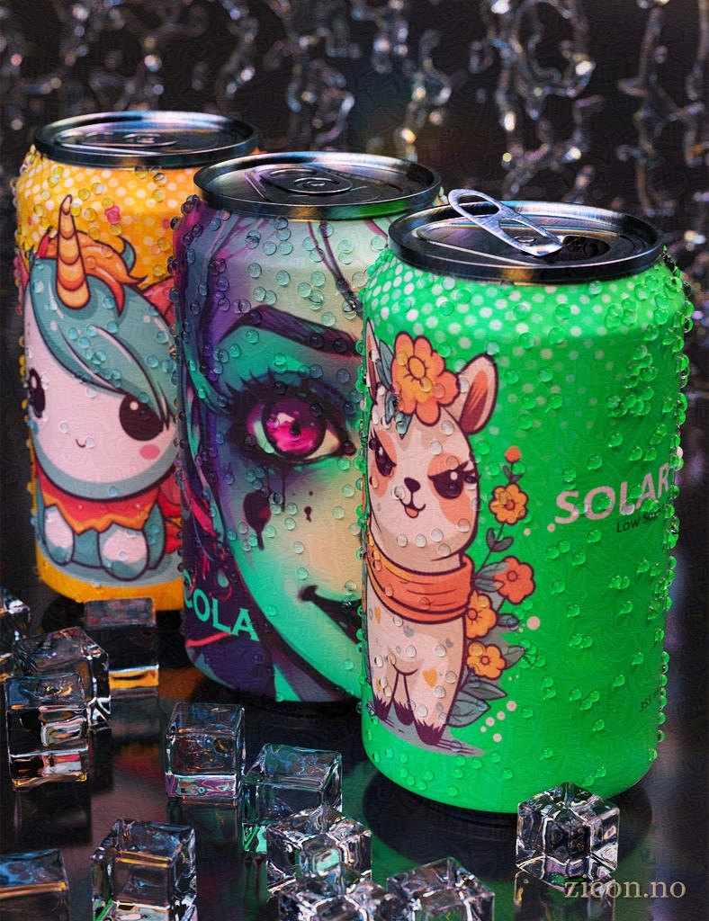 Three soda cans wet with condensation, surrounded by stylish ice cubes and dripping water.