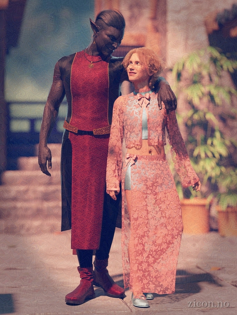 A young human man and an elf man standing together. The elf has an arm slung around the human's shoulder, and they are smiling at each other. The elf is dressed in red boots, black leggings, and a black and red split tunic, with a belt at his waist. He has golden chains hanging from his visible ear, and has a large golden pendant of a rose hanging around his neck. The human is wearing tight-fitting shorts and a top in pale blue, with a loose lace skirt and jacket in a soft ping layered over them. Pink bows at his hip and throat hold the lace layers closed.