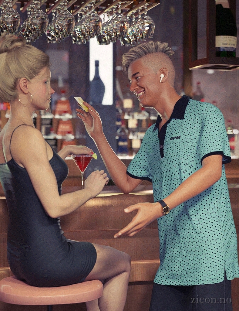 Scene of a man and a woman in a fancy bar. The man has an awful fake tan, bleached hair and airpods, and is waving around a gold credit card as he leans towards the woman with a big grin showing off whitened teeth. The woman is leaning back from him, holding one hand up between them, while using the other hand to cover her drink.