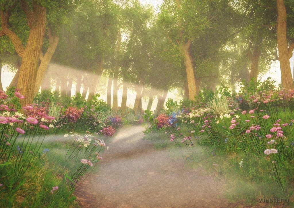 A path leading into the woods early in the morning, promising adventure just beyond the horizon. Sunbeams are coming through trees, and a last bit of mist hangs low over the ground. The forest floor is filled with colourful flowers.