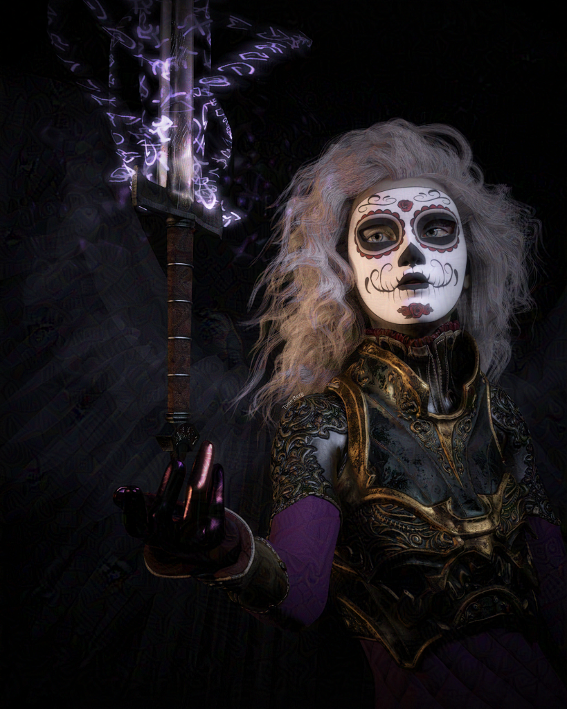 A pale woman with her face covered by a mask and ghostly wings sprouting from her back looks up at a sword hovering over her hand. Glowing purple glyphs float around the sword's blade.