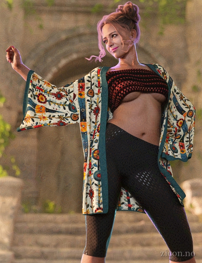 A curvy young woman wearing a loose, heavily embroidered coat over leggings and a tube top, posing for a fashion shoot.