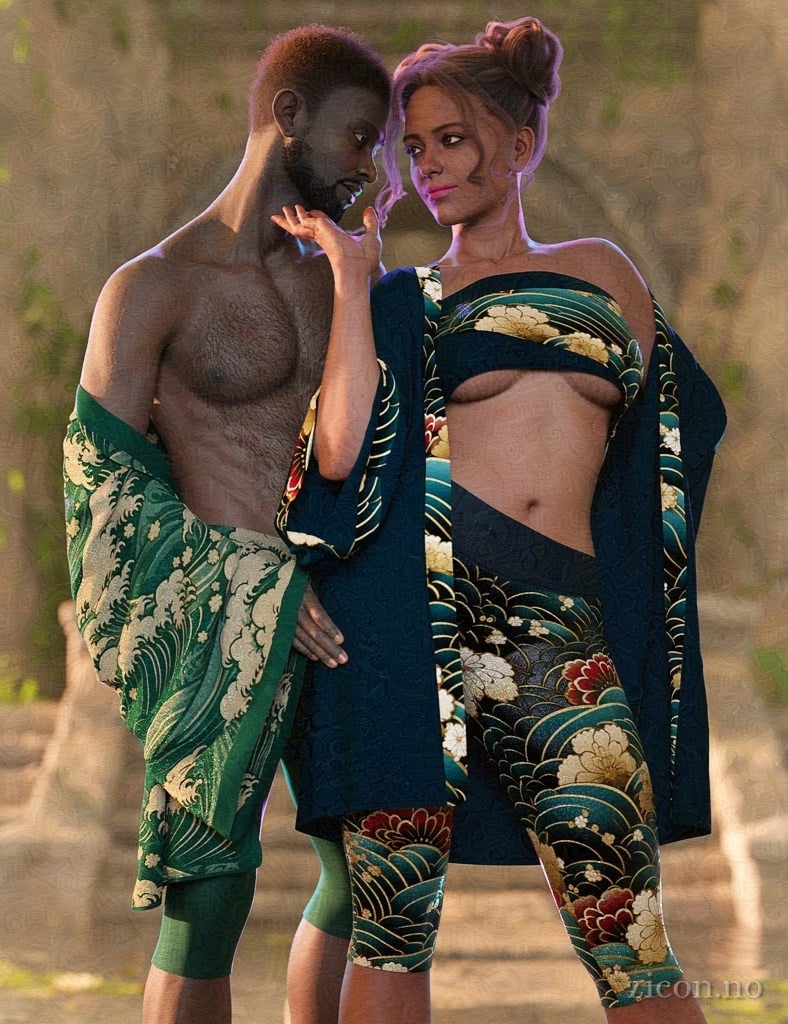 A curvy young woman and a man standing close together in a playful, intimate pose. She wearing a loose coat or kimono over leggings and a tube top. The clothes are blue and have patterns giving them an eastern vibe. He is wearing similar leggings and coat. His are in green, also with eastern-type patterns.