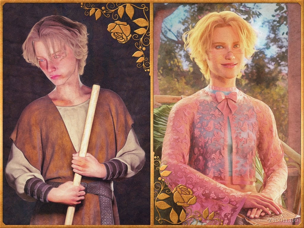 Two portraits side-by-side of the same blond young man. In the left-side portrait, he is in a dark room with stone walls, and is dressed in a tunic over a shirt, both in drab colours. He is dirty and has multiple bruises. He looks down and away, and his eyes are shiny with tears. He's clutching the handle of a broom, holding it in front of him like a shield. In the right-side portrait, he is sitting in a comfortable chair in the sun, against a backdrop of trees and flowers. He is dressed in fine clothing, with loose layers of pink lace over close-fitting pale blue silk. A chain of fine jewelry hangs over his nose and down behind his ears. There is a book resting on his lap. He smiles as he meets the viewer's gaze.