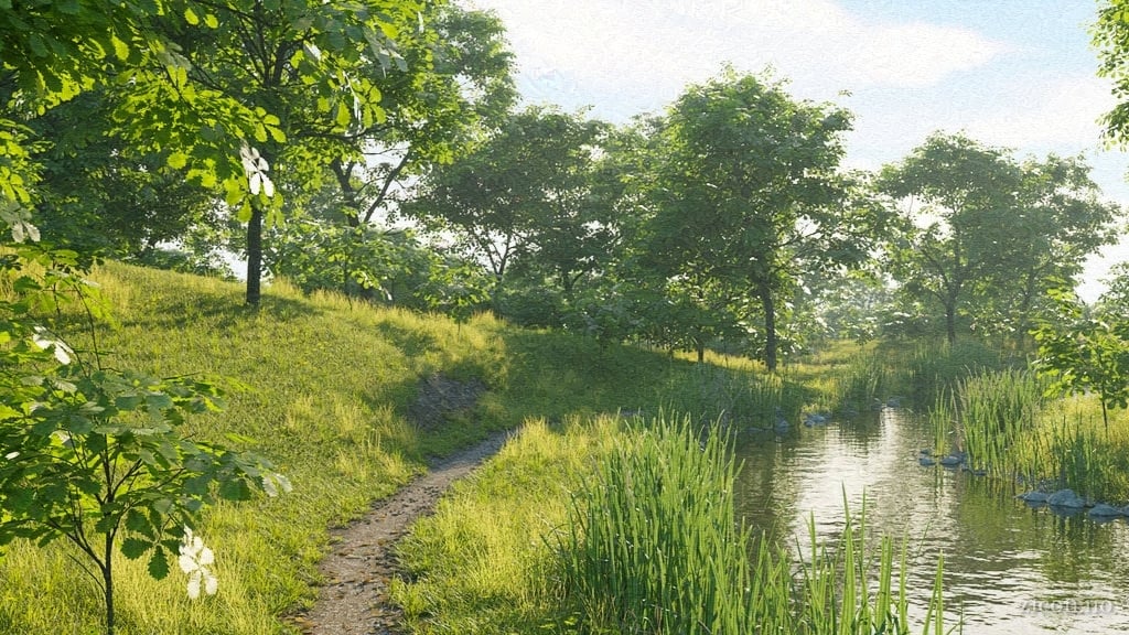 A path following a stream through a green landscape.