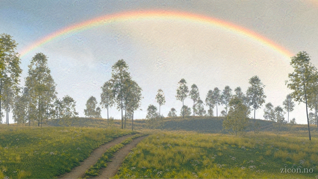 A path through gently rolling grasslands with scattered aspens. A rainbow goes across the sky.