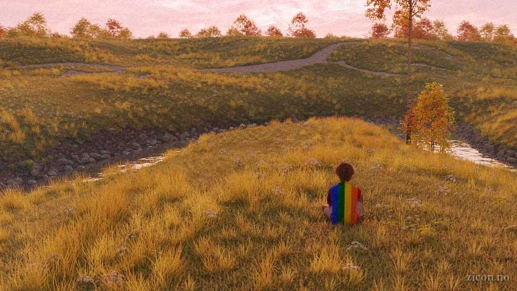 A gently rolling grass-covered landscape with scattered trees in late summer, early autumn colours. A small creek snakes through the landscape, and sunset colours the clouds pink. An animal shape has been carved into the ground. A young man, wearing a shirt in Pride rainbow colours, relaxes in the grass, his back to the camera.