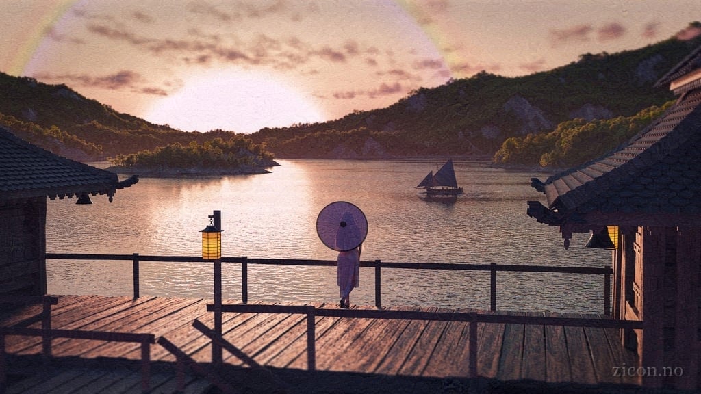 A lone character resting an umbrella on their shoulder stands at the railing of a wooden structure with a japanese look. They look out over a landscape at sunset. Green trees cover distant hills and islands, and a flock of gulls follow a boat. A faint rainbow haloes the sun.