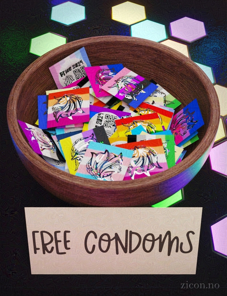 A wooden bowl filled with condoms. Each condom has the colours of a Pride flag and a logo looking like a unicorn's head. A paper sign stands in front of the bowl, saying "free condoms".