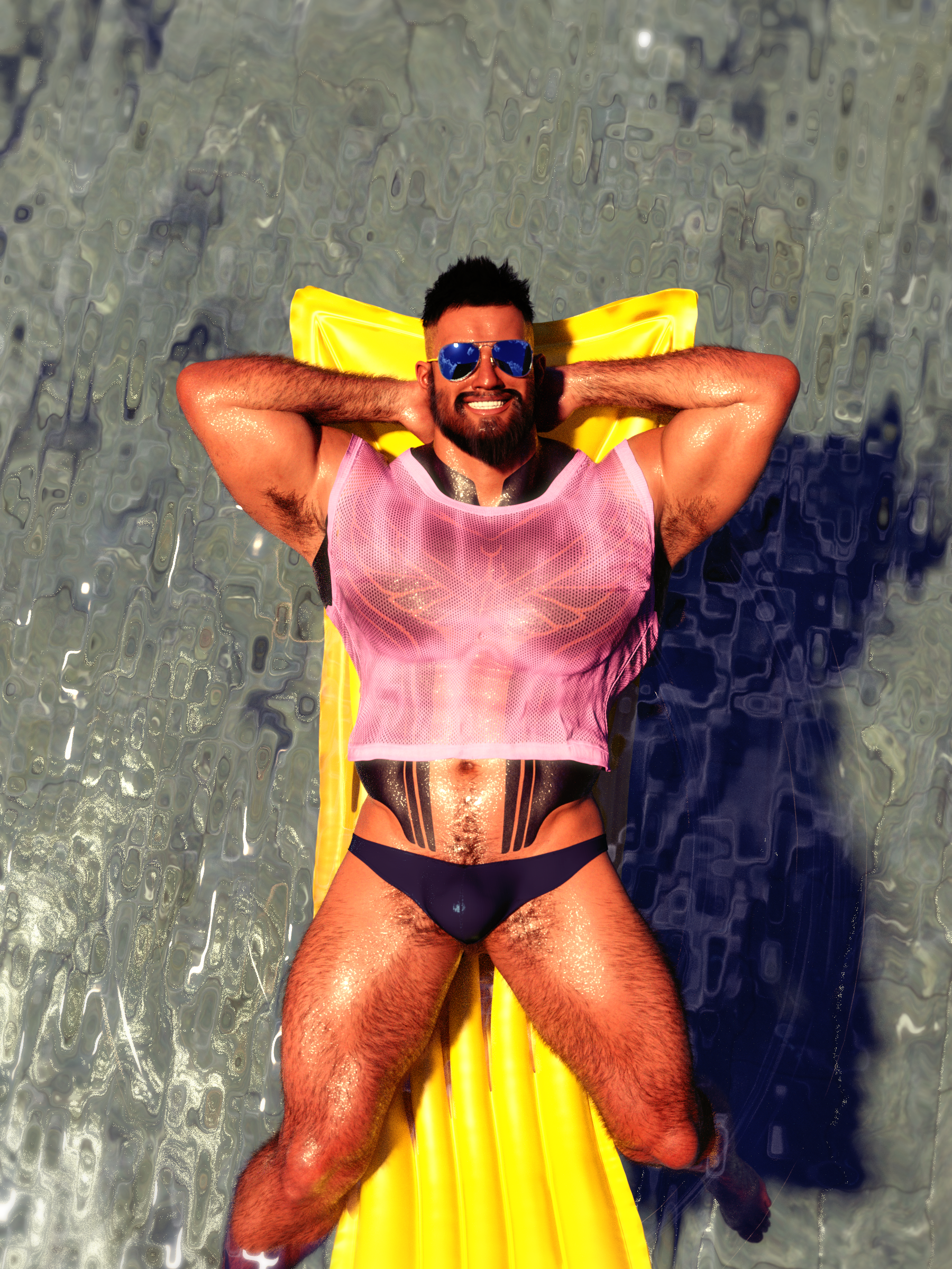 Man on inflatable raft floating in a pool, wearing a pink crop-top and dark blue speedos