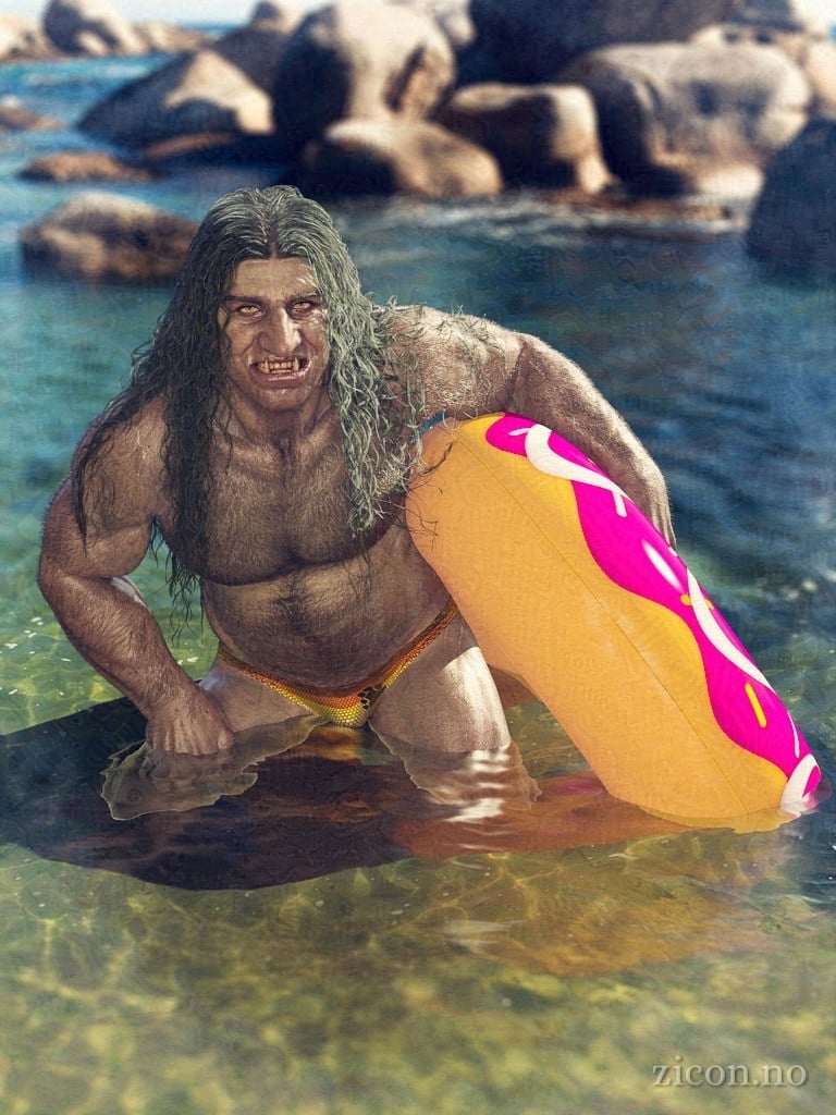 A beefy troll with small tusks, long hair, lots of body hair, and very small thong in the bear flag colours at the beach. They are in the water, with an inflatable ring made to look like a donut, grinning from ear to ear.