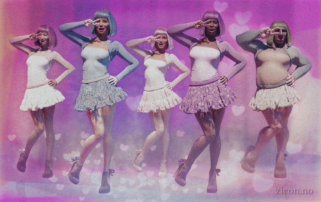 Several young, pretty, and thin women in identical poses, with identical haircuts, and identical ballerina-inspired outfits on a bright and colourful stage, clearly captured mid-dance step. Among the women, with the same pose, haircut and outfit, is a chubby, masculine troll with very hairy legs and a glorious nose.