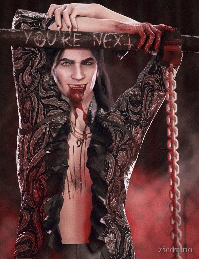 A vampire man in an open shirt with blood running down his chin and chest, and one clawed hand covered in a mess of blood. He rests his arms against a metal pipe above his head, grinning viciously at the viewer. The pipe has the words "you're next" scratched into it, with a pentagram in the letter o. Shackles and chains hang from the pipe, and the vampire is sliding a blood-covered finger along the shackles.