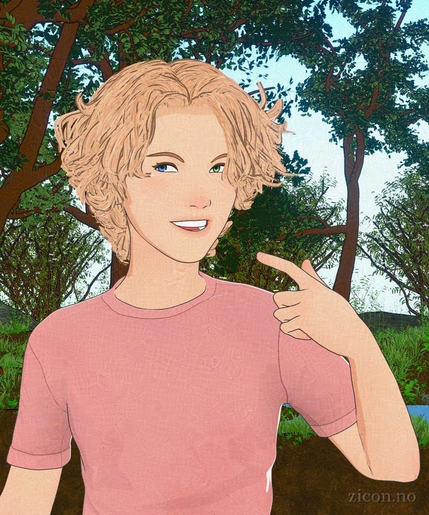 Render of a young blond man with one green eye and one blue eye in a cel-shaded cartoon style. He is wearing a pink t-shirt and is smiling to the camera, and is pointing towards his face as if it say "look at me!". Behind him is a green landscape with multiple trees against the blue sky of a sunny day.