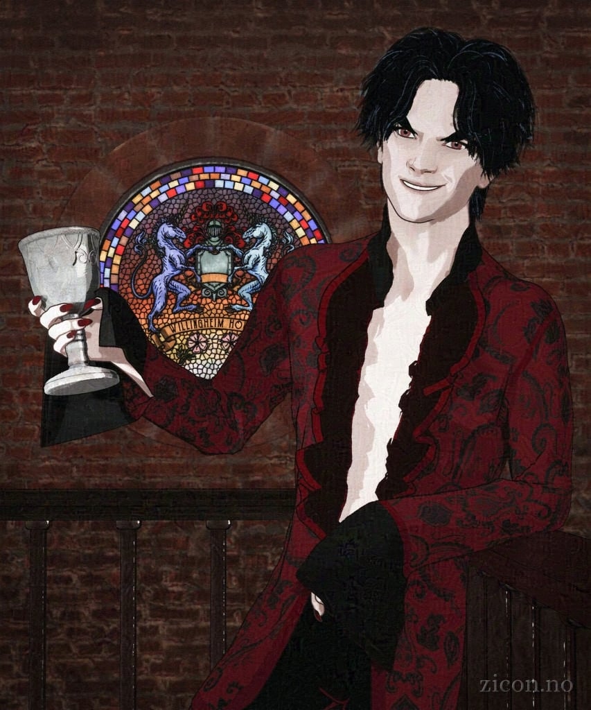 Cel-shaded rendering of a tall vampire man in a frilly red shirt that is open down the front. He grins at the viewer, holding up his goblet in greeting.